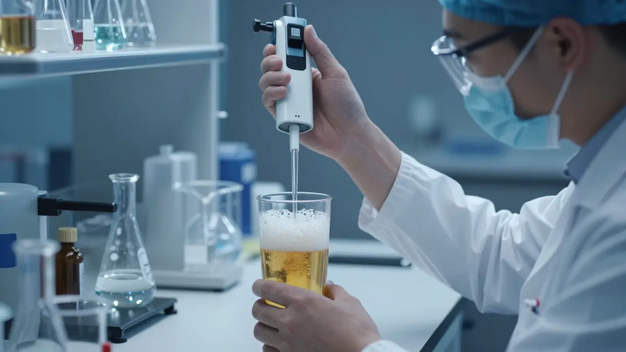 Laborant misst CBD-Öl präzise in alkoholfreies Bier, sterile Umgebung