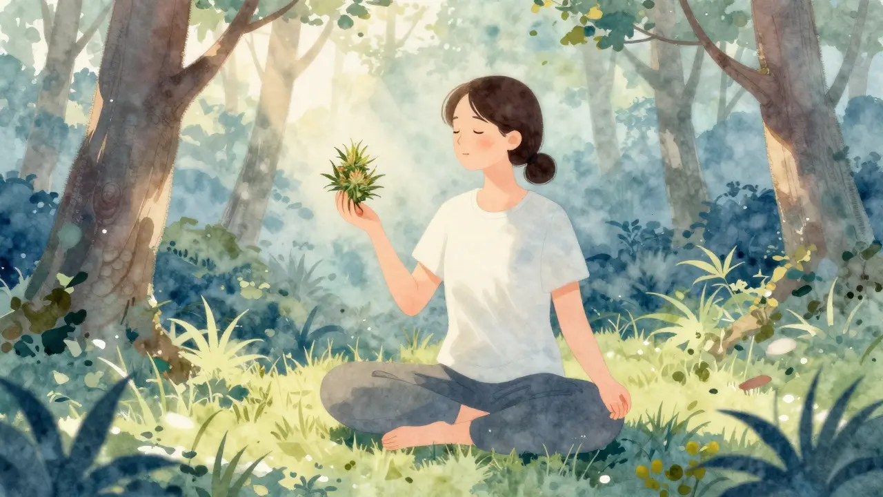 Meditierende Person mit CBD-Blüten in einem Wald, sanftes Sonnenlicht