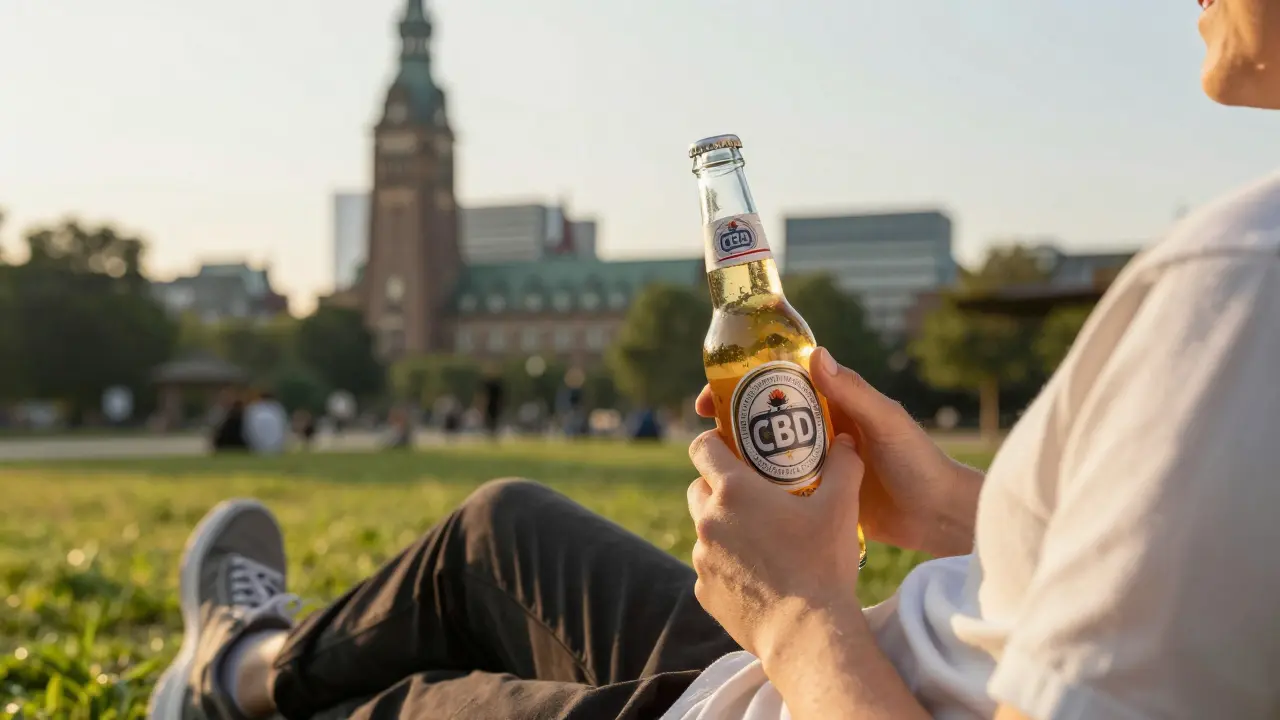 Person entspannt in Hamburg-Park mit CBD-Bier, städtischer Hintergrund