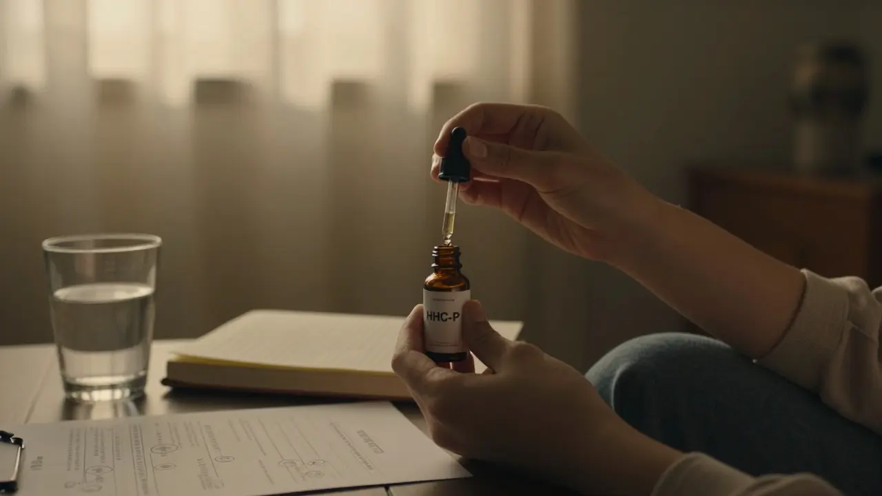 Person hält eine HHC-P-Tropfflasche in einem ruhigen, abendlich beleuchteten Raum
