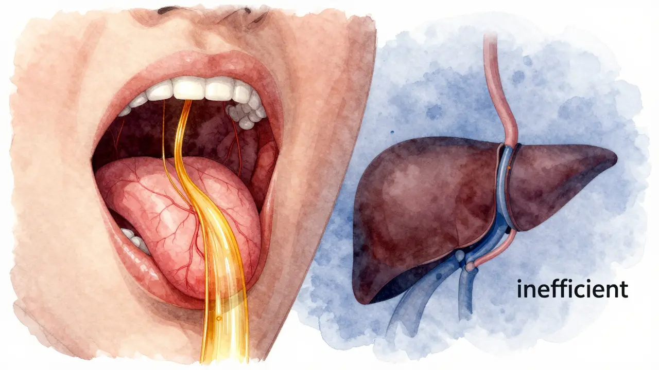 Schematische Darstellung der sublingualen Aufnahme von Cannabinoiden direkt ins Blut, ohne Leberpassage.