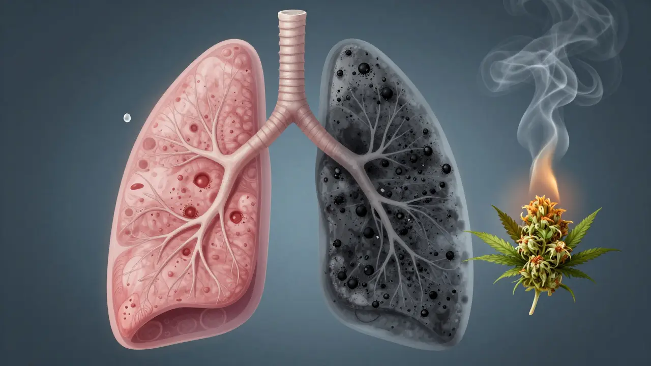 Transluzente Darstellung einer Lunge mit gesunden und geschädigten Bereichen, symbolisch für sichere und riskante CBD-Nutzung.
