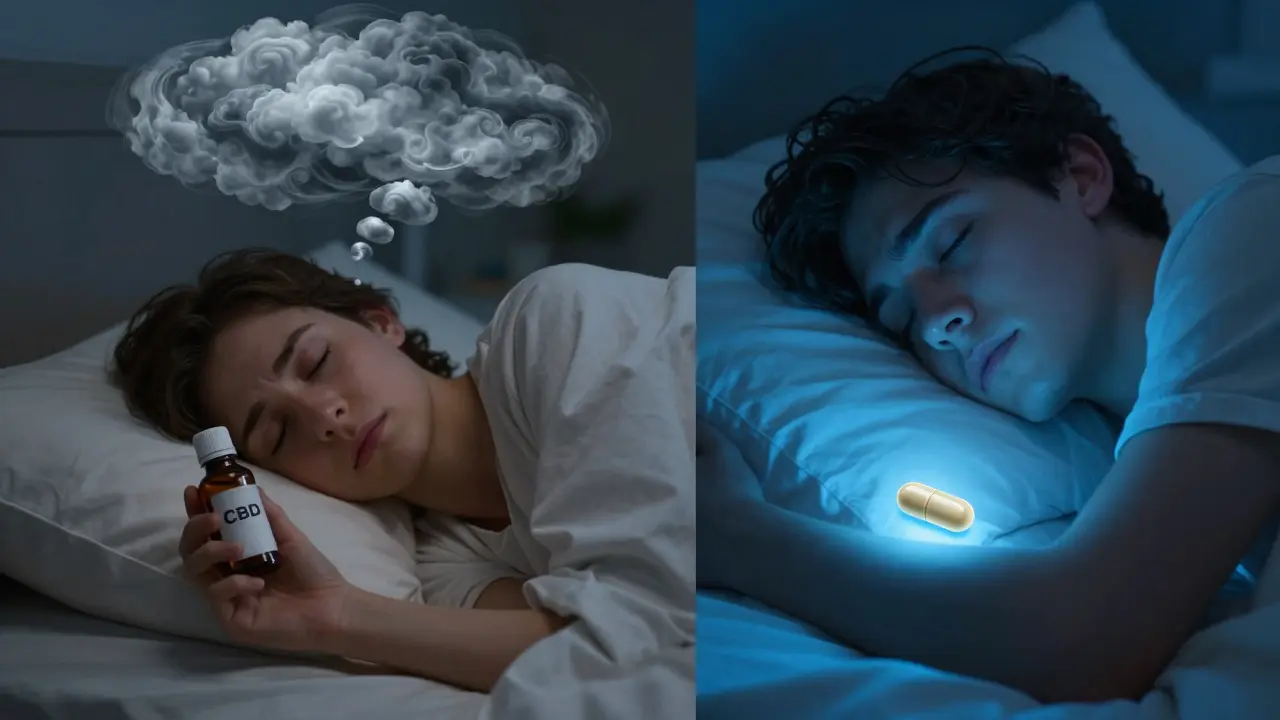 Vergleich: links eine Person wach mit stressigen Gedanken, rechts dieselbe Person tief und ruhig schlafend mit CBN.