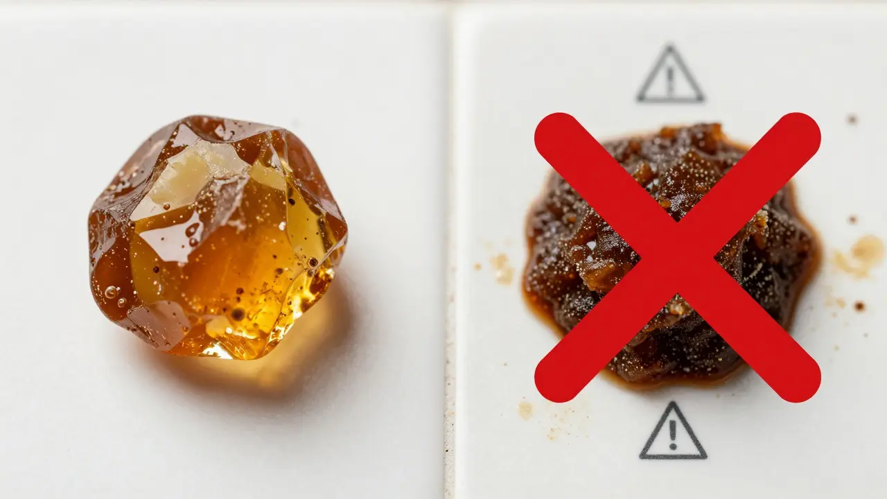 Zwei CBD-Shatter-Proben im Vergleich: eine reine, klare und eine verunreinigte, dunkle Version.