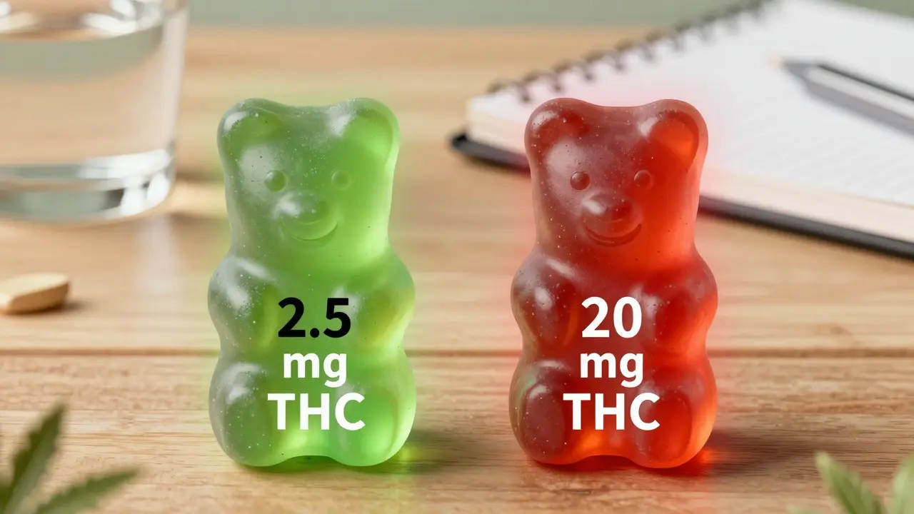 Zwei Kaugummi mit 2,5 mg und 20 mg THC im Vergleich, mit Warnhinweisen und Wasser.