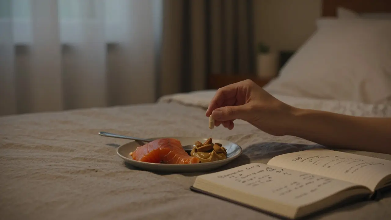 Abendliche Einnahme einer CBD-Kapsel mit Lachs und Mandelbutter vor dem Schlafengehen, ruhige Atmosphäre.