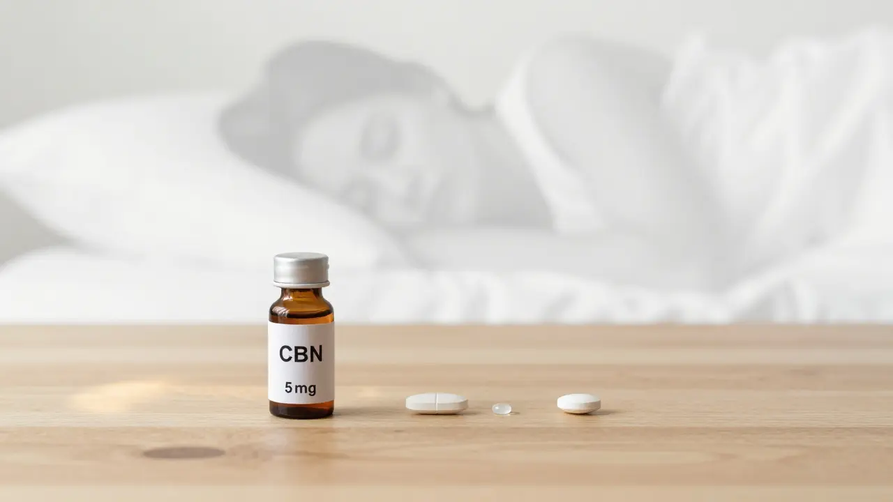 Drei Schlafhilfen auf einem Holztisch — nur die CBN-Kapsel ist sanft beleuchtet, während eine Person am Morgen erholt aufwacht.