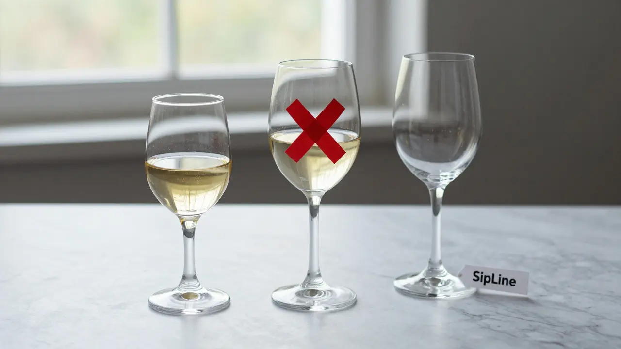 Drei Weingläser im Vergleich: halb voll, voll und leer, mit einem Etikett 'SipLine' – das halbvolle Glas ist das einzige, das nicht gekennzeichnet ist.