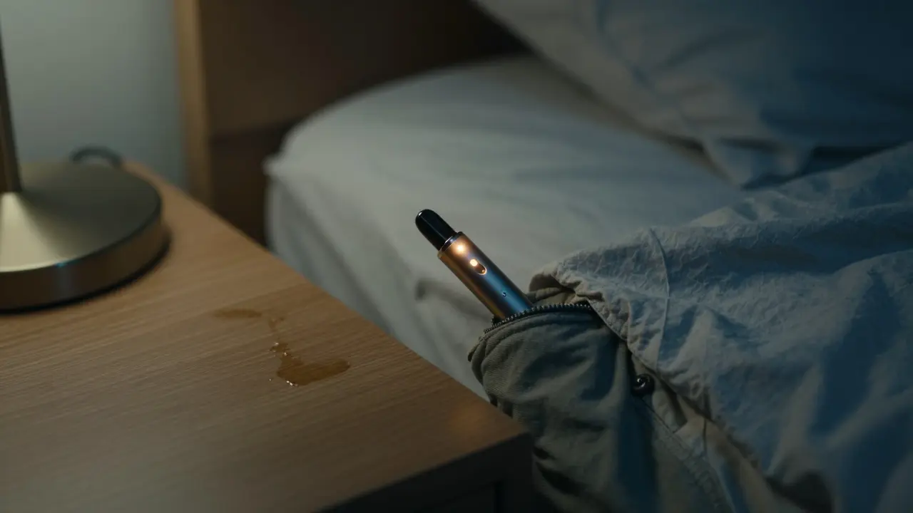 Ein diskretes Vape-Gerät mit leuchtender LED-Spitze in einer Jackentasche, daneben ein feuchter Fleck auf dem Nachttisch.