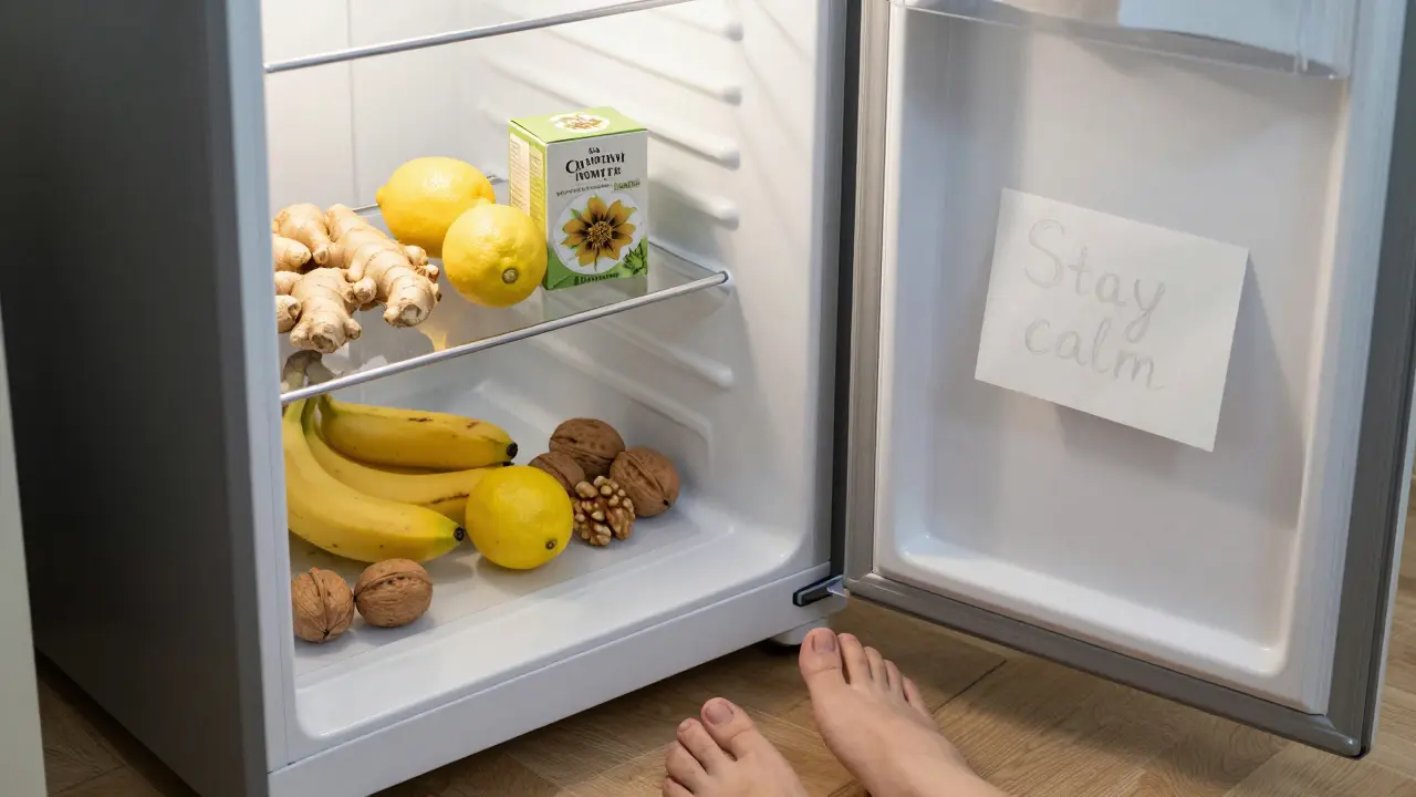 Ein offener Kühlschrank mit beruhigenden Lebensmitteln wie Ingwer, Zitrone und Walnüssen.