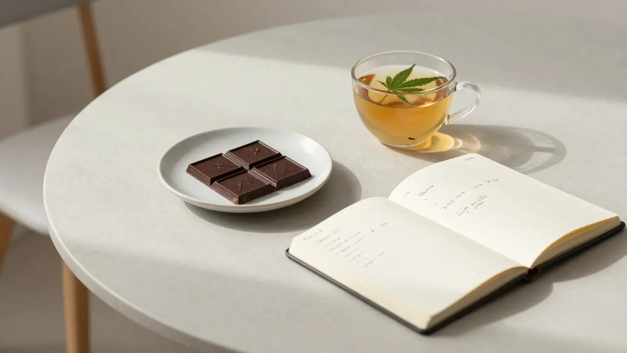 Ein ruhiges Frühstück mit CBD-Öl-Schokolade, Tee und einem Notizbuch.