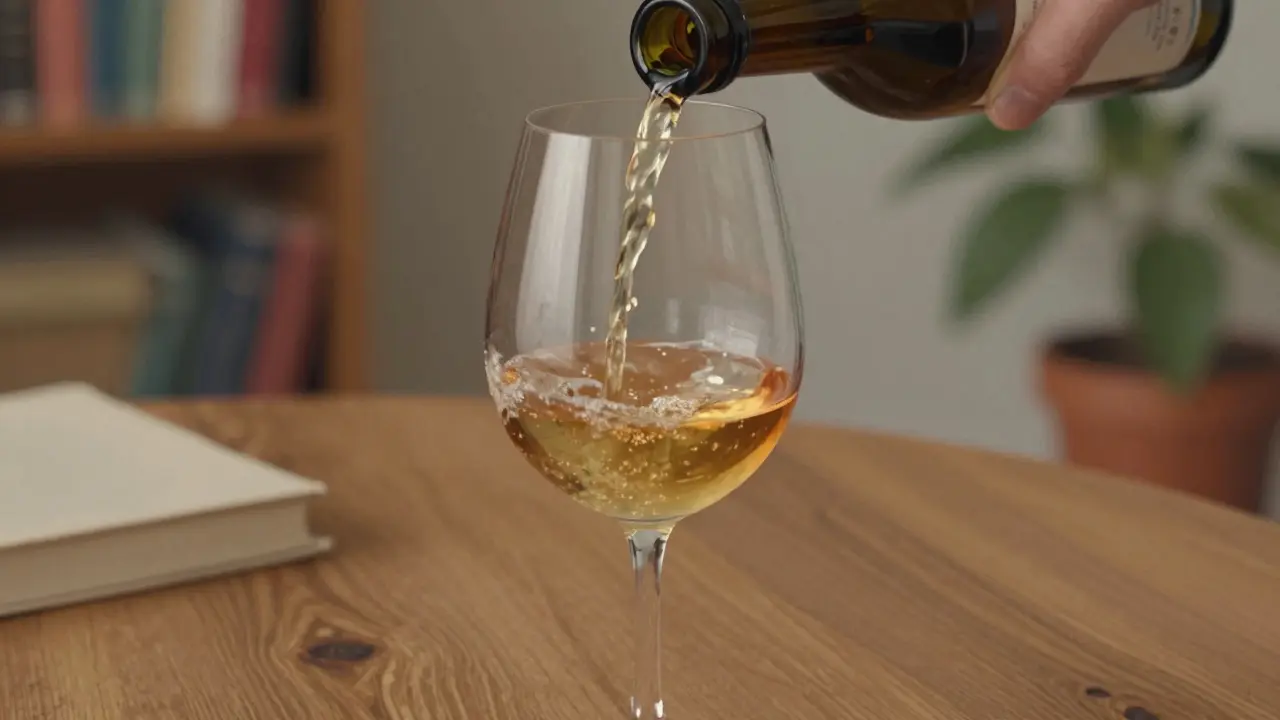 Eine Hand gießt Cannabis-Wein nur bis zur Hälfte in ein breites Weinglas, Luftraum über der Flüssigkeit sichtbar.