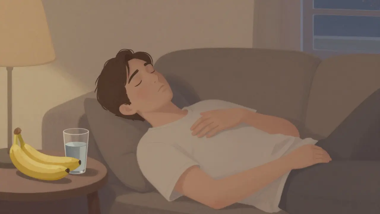 Eine Person liegt ruhig auf einer Couch und atmet tief, während Wasser und eine Banane danebenstehen.