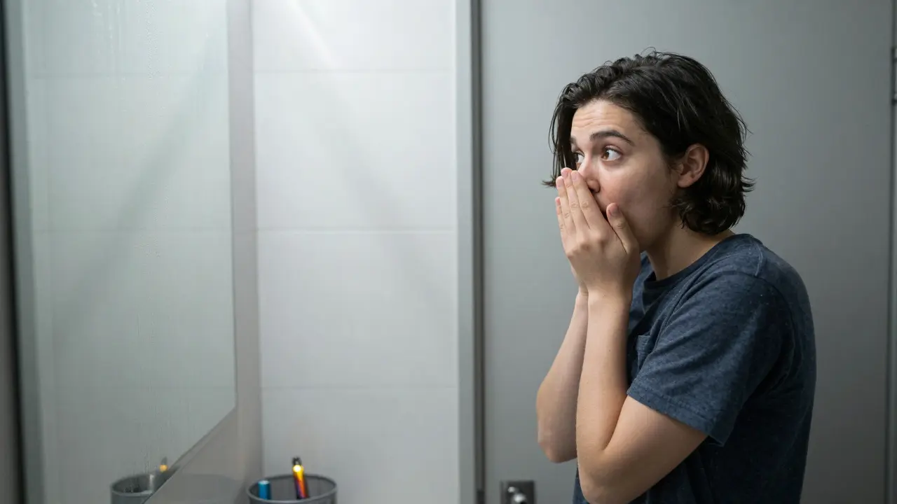 Eine Person mit nervöser Körperhaltung vor der Badezimmertür, feuchte Fensterscheibe und entsorgte Vape-Kartusche im Mülleimer.