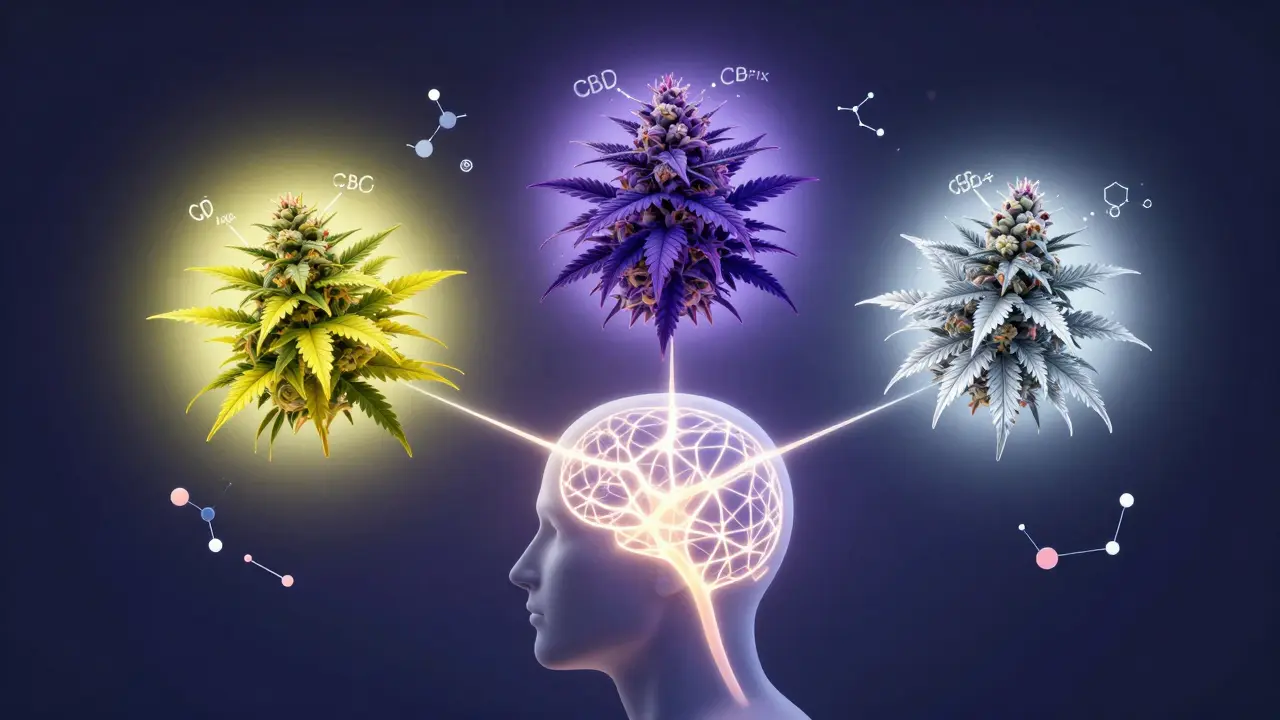 Menschliche Silhouette mit leuchtendem Nervensystem, das mit drei CBD-Blüten und Molekülen verbunden ist.