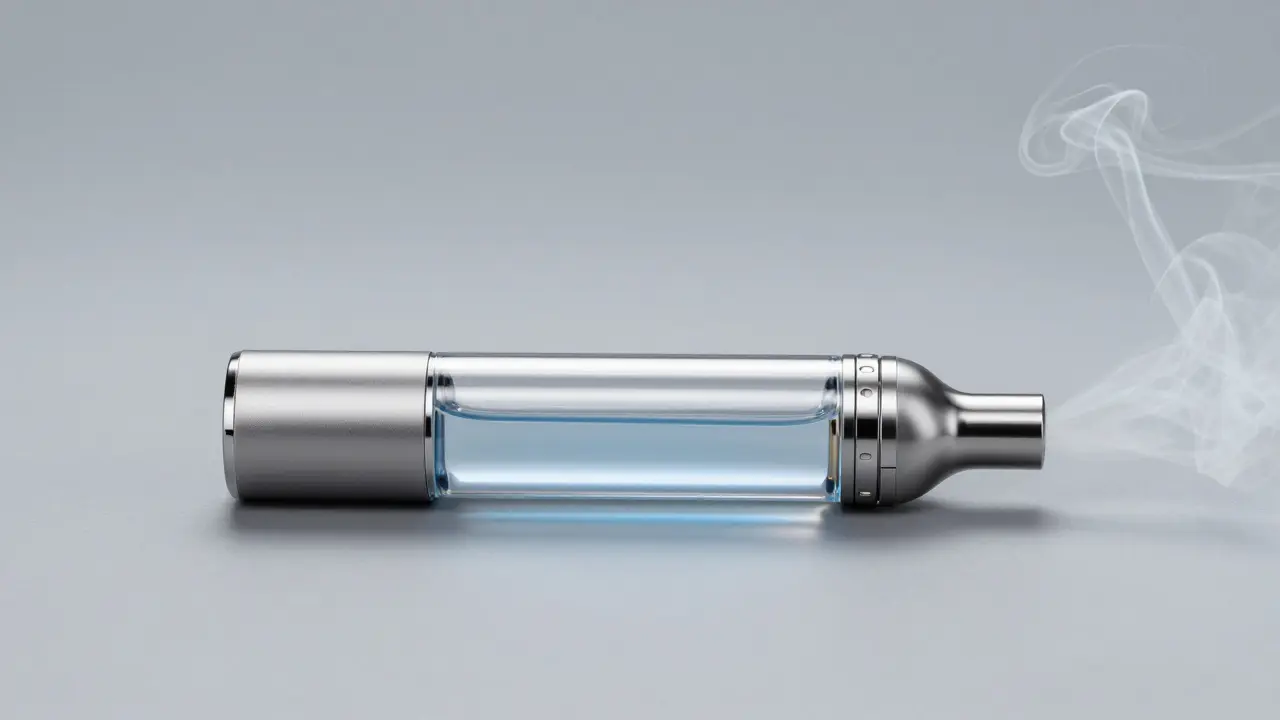 Moderner Vaporizer-Stift mit dünner Dunstwolke, metallischer Glanz, Studioaufnahme, minimalistisch