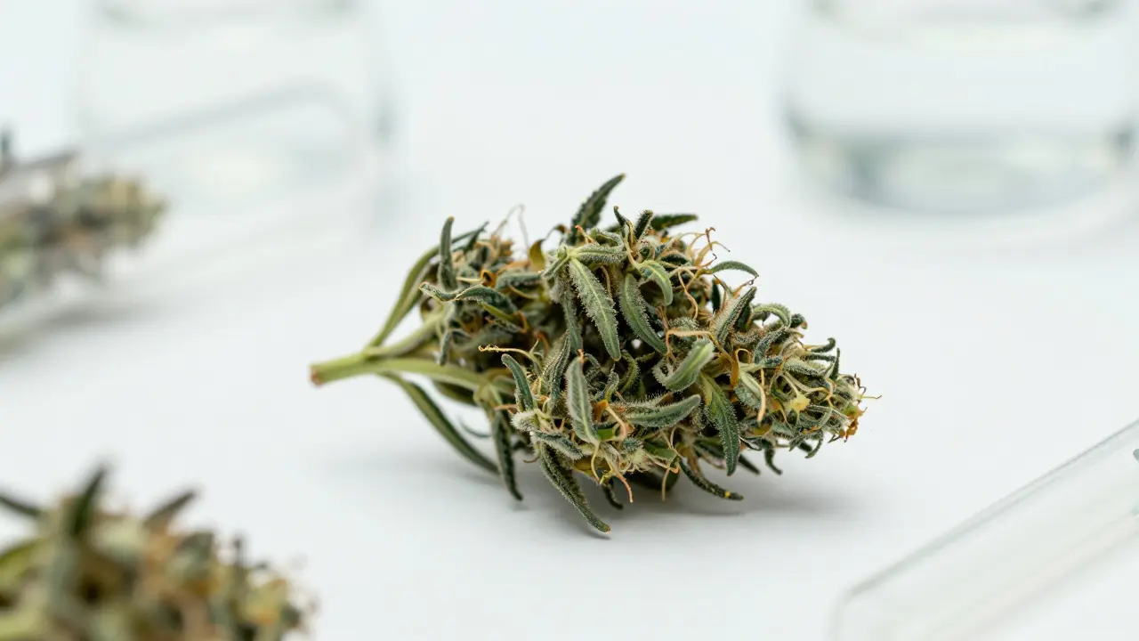 Nahaufnahme einer CBD-Blüte im Labor mit wissenschaftlichen Utensilien.