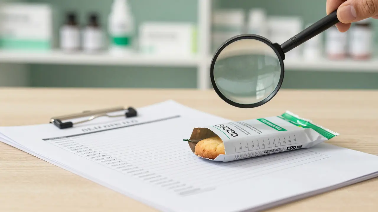 Offene Verpackung eines CBD-Kekses mit Laborbericht und klarer Dosierungsangabe.