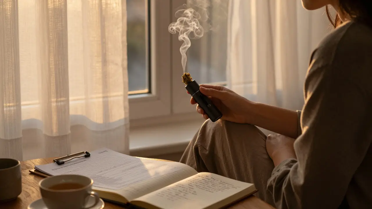 Person dampft CBD-Blüte am Abend, Nebel mischt sich mit Abendlicht, daneben Laborbericht und Notizbuch.