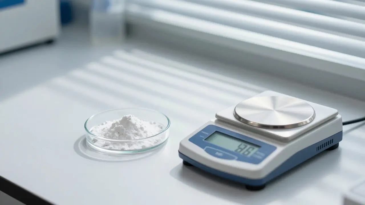 Präzisionswaage mit Kristallpulver in sauberem Laborambiente.