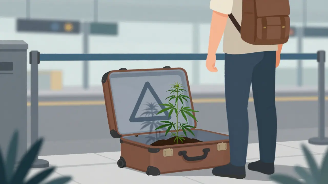 Reisender am Grenzkontrollpunkt mit Koffer und Hanfpflanze, symbolisiert Reise-Risiken.