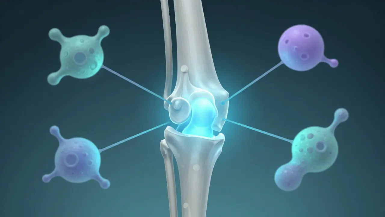 Stilisierte 3D-Illustration eines Gelenks mit sanftem blaues Licht zur Symbolik der Entzündungshemmung.