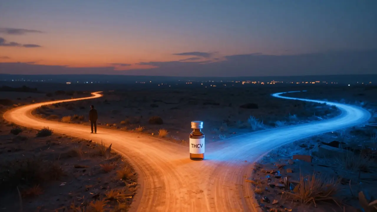 Symbolische Darstellung des Unterschieds zwischen THCV und THC als zwei Wege unter Dämmerlicht.