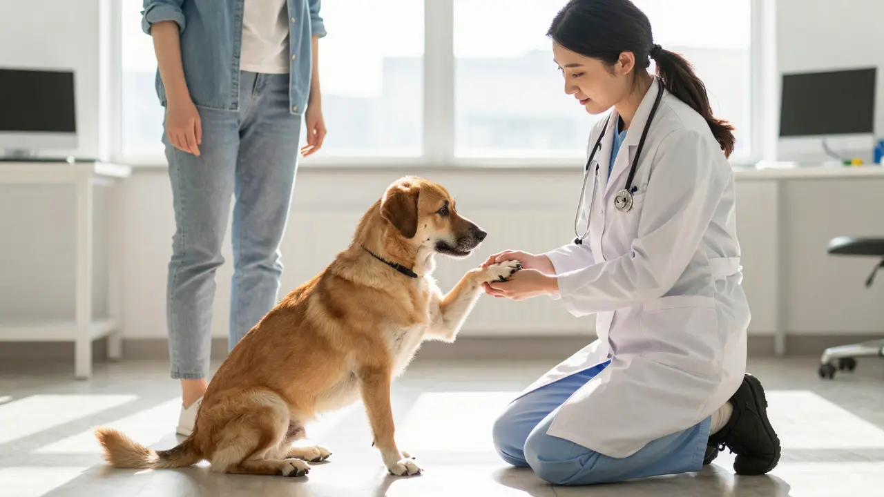 Tierarzt untersucht freundlich einen gesunden Hund in der Praxis.