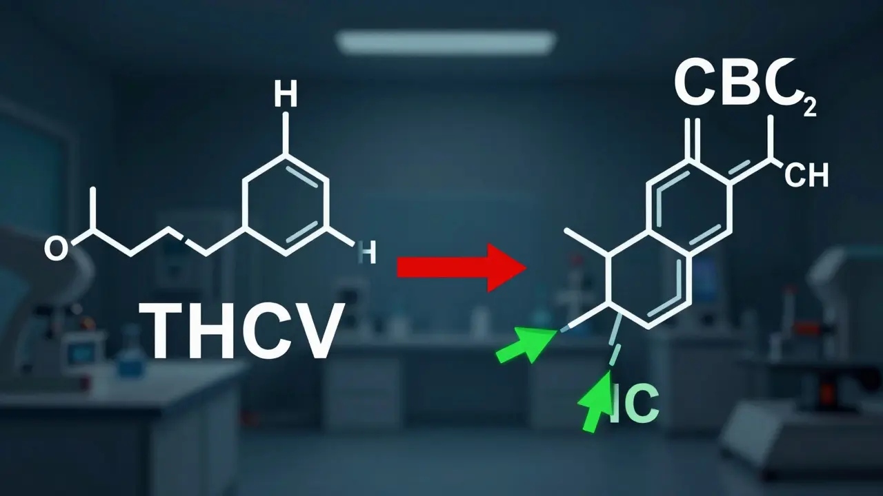 Vergleich der molekularen Strukturen von THCV und THC mit CB1-Rezeptor-Interaktion.