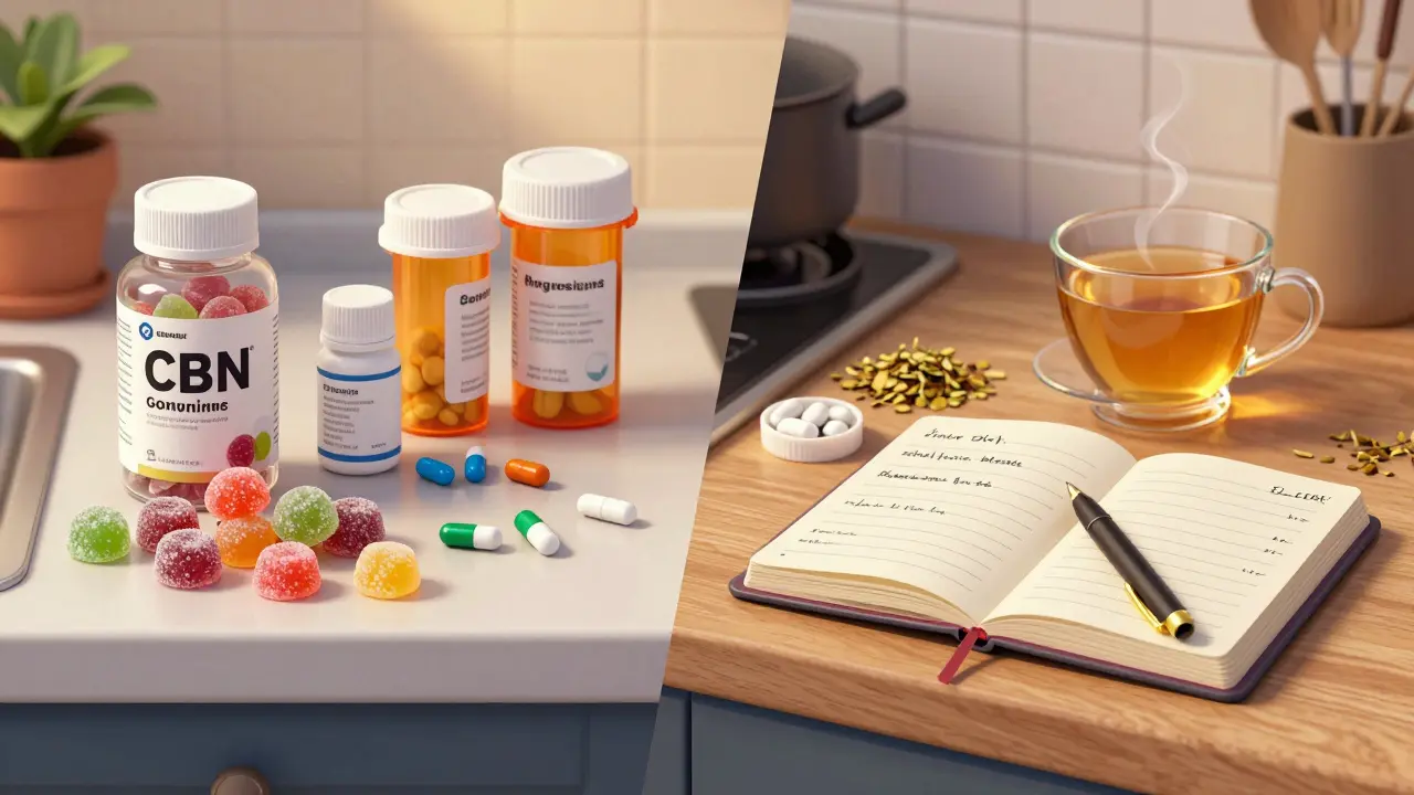Vergleich von CBN-Gummibärchen mit Medikamenten links und natürlichen Schlafhilfen rechts.