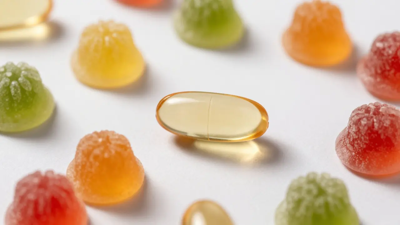 Weiche Kapseln und Gummibärchen auf weißem Grund, warmes Licht, Symbol für langfristige Einnahme ohne Etiketten