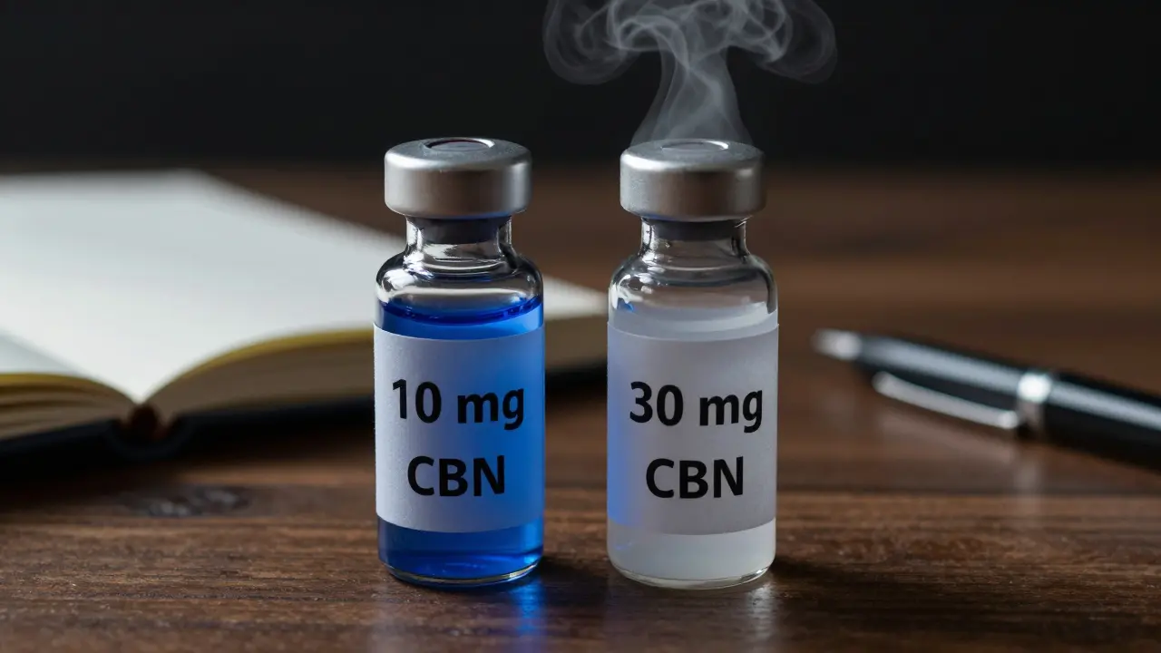 Zwei CBN-Fläschchen im Vergleich: 10 mg mit ruhiger Blaulichtwirkung, 30 mg mit nebliger, verschwommener Wirkung.