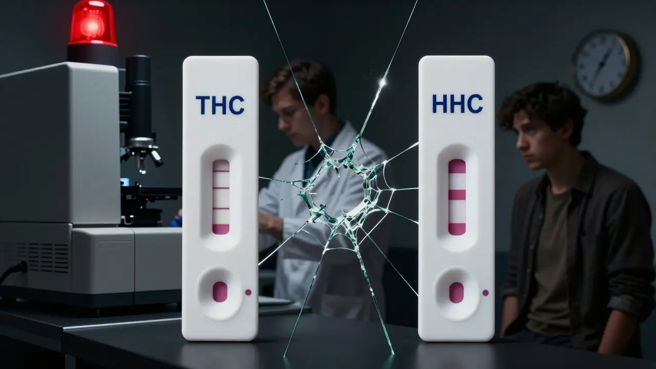 Zwei identische positive Drogentests mit den Etiketten 'THC' und 'HHC', getrennt durch gebrochenes Glas.