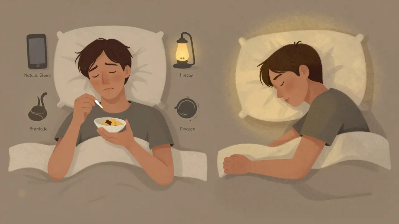 Zwei Szenen: eine Person nimmt CBN mit guter Schlafhygiene, während sie tief und ruhig schläft, umgeben von sanftem Licht.