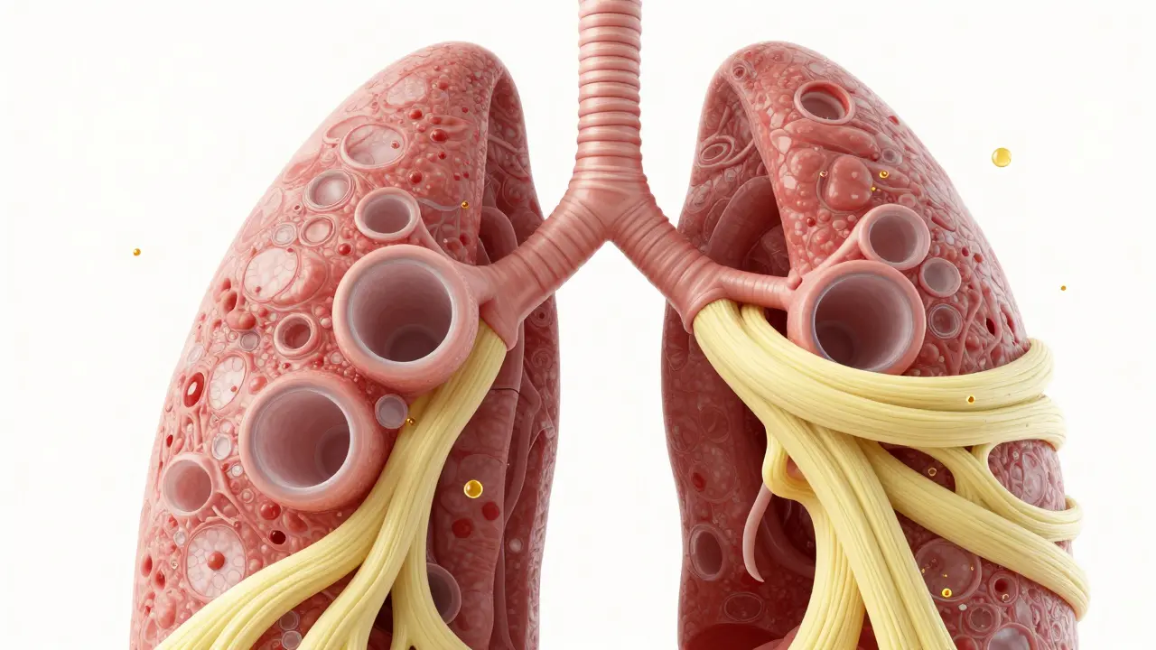 3D-Darstellung verengter Bronchiolen durch Narbengewebe und schädliche Partikel.