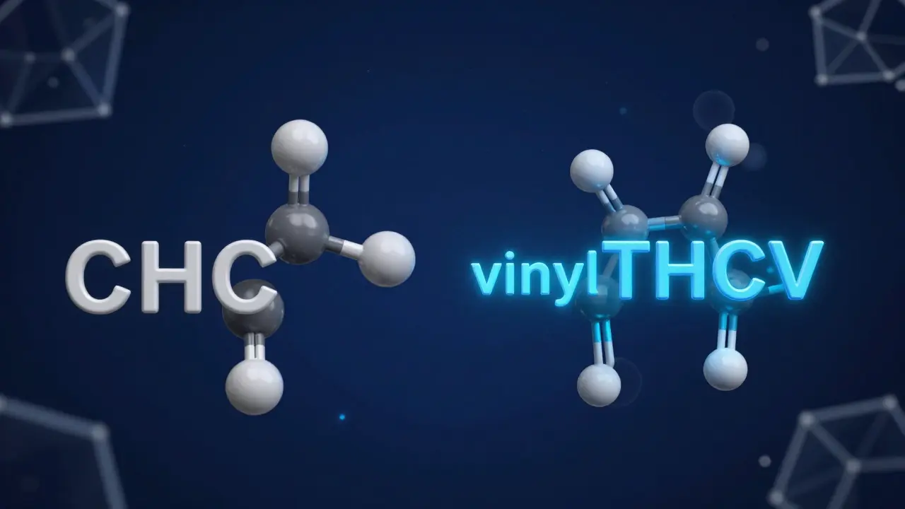 3D-Visualisierung der chemischen Molekülstrukturen von THC und THCV.