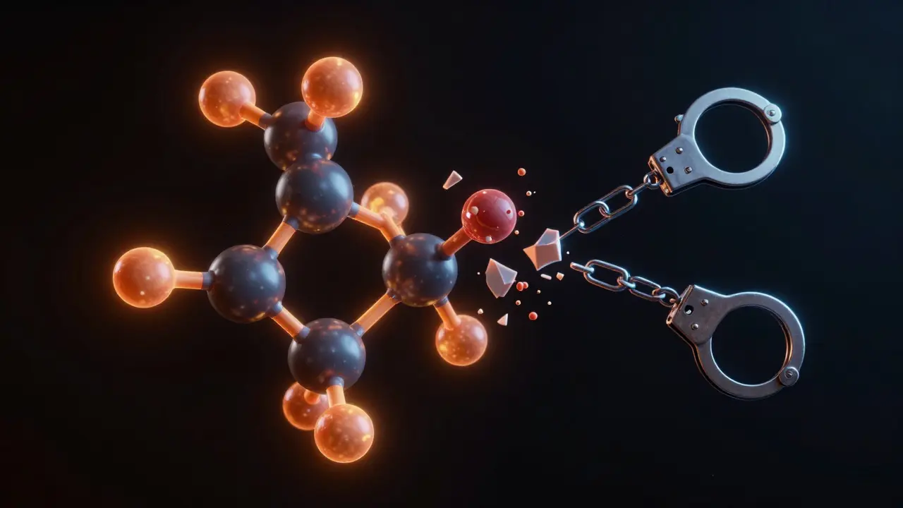 Abstrakte chemische Molekülstruktur, die sich in Handschellen verwandelt.