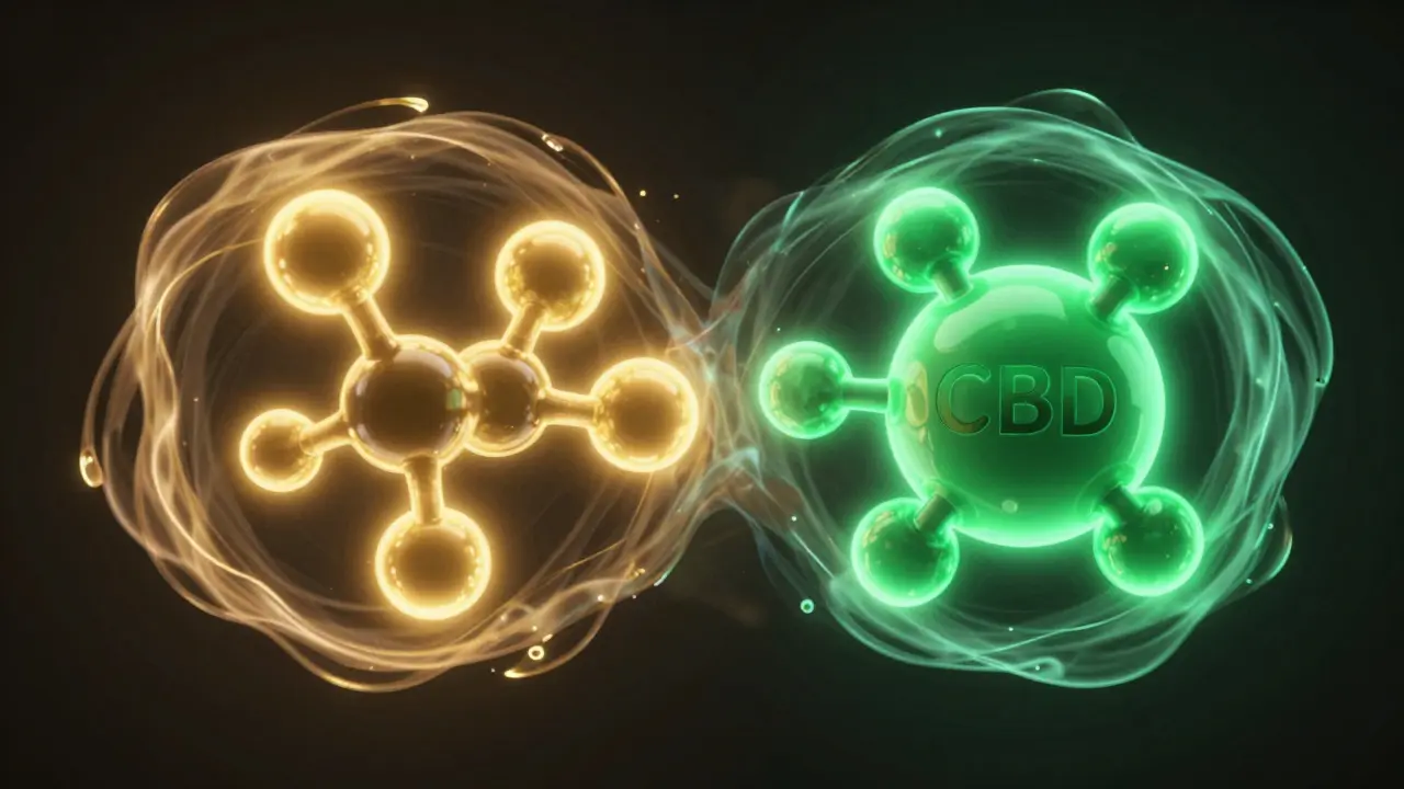 Abstrakte Darstellung der Verbindung von Koffein und CBD als leuchtende Moleküle