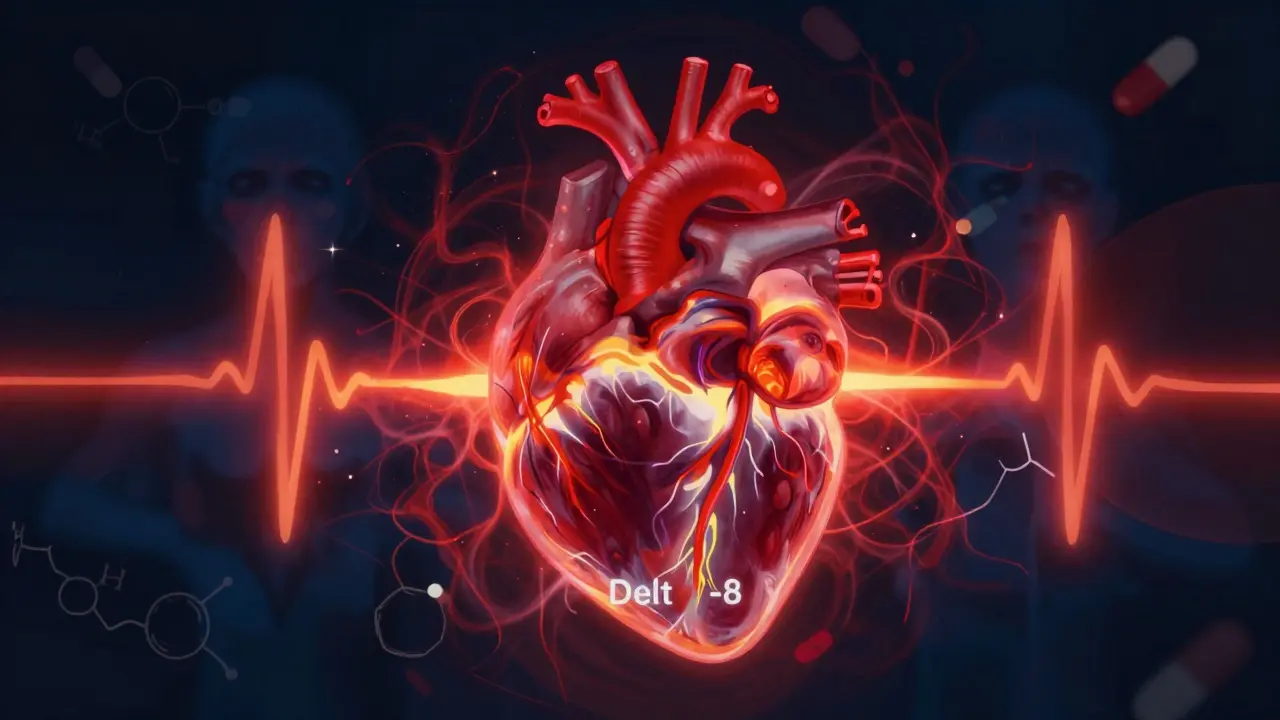 Abstrakte Darstellung eines menschlichen Herzens mit roten Energiepulsen, die Herzrasen symbolisieren.