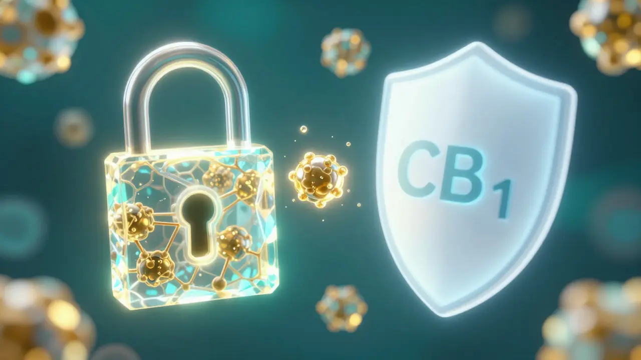 Abstrakte Darstellung von Cannabinoid-Rezeptoren und Molekülen im Gehirn.