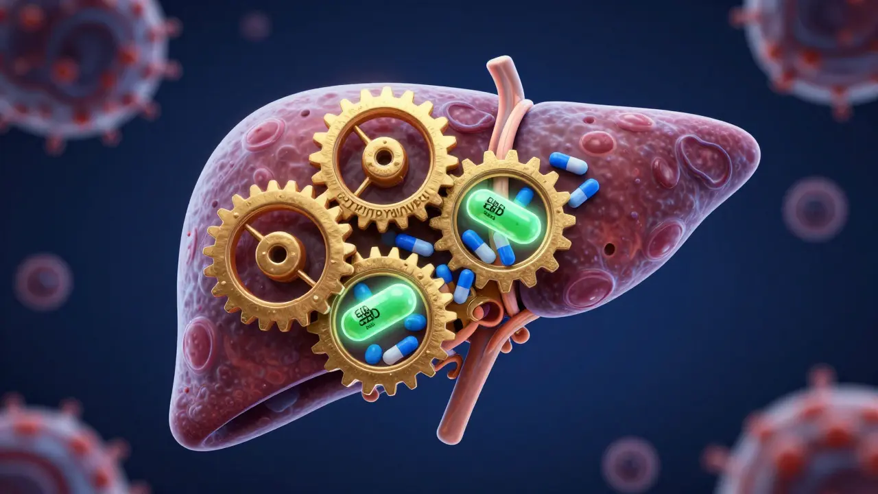Abstrakte Darstellung von CBD-Molekülen, die Leberenzyme blockieren.