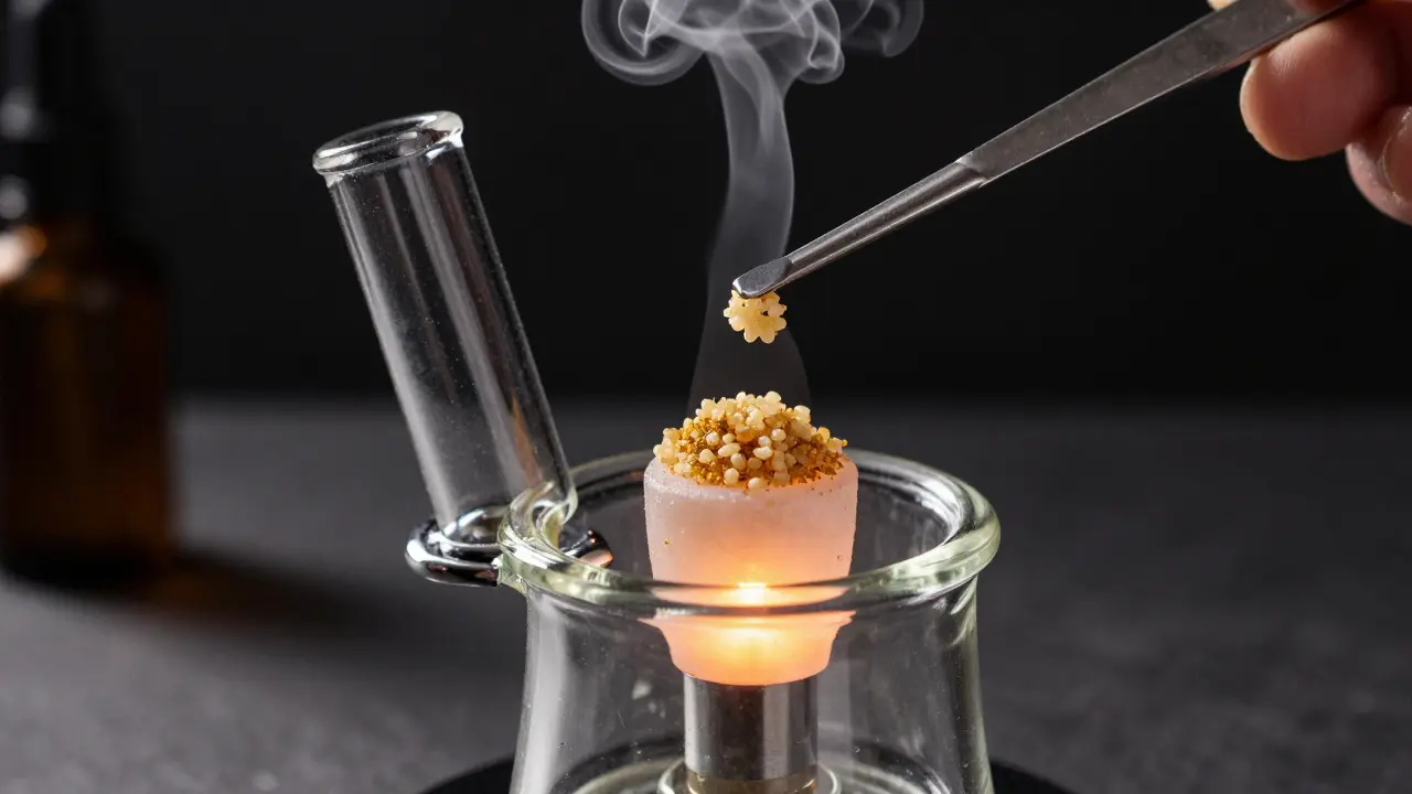 Anwendung einer kleinen Menge CBD Shatter an einem Quarz Nagel eines Dab Rigs.