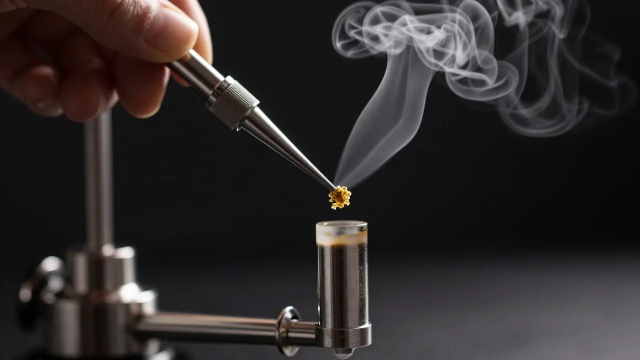 CBD-Konzentrat wird mit einem Tool in einem Dab Rig verdampft
