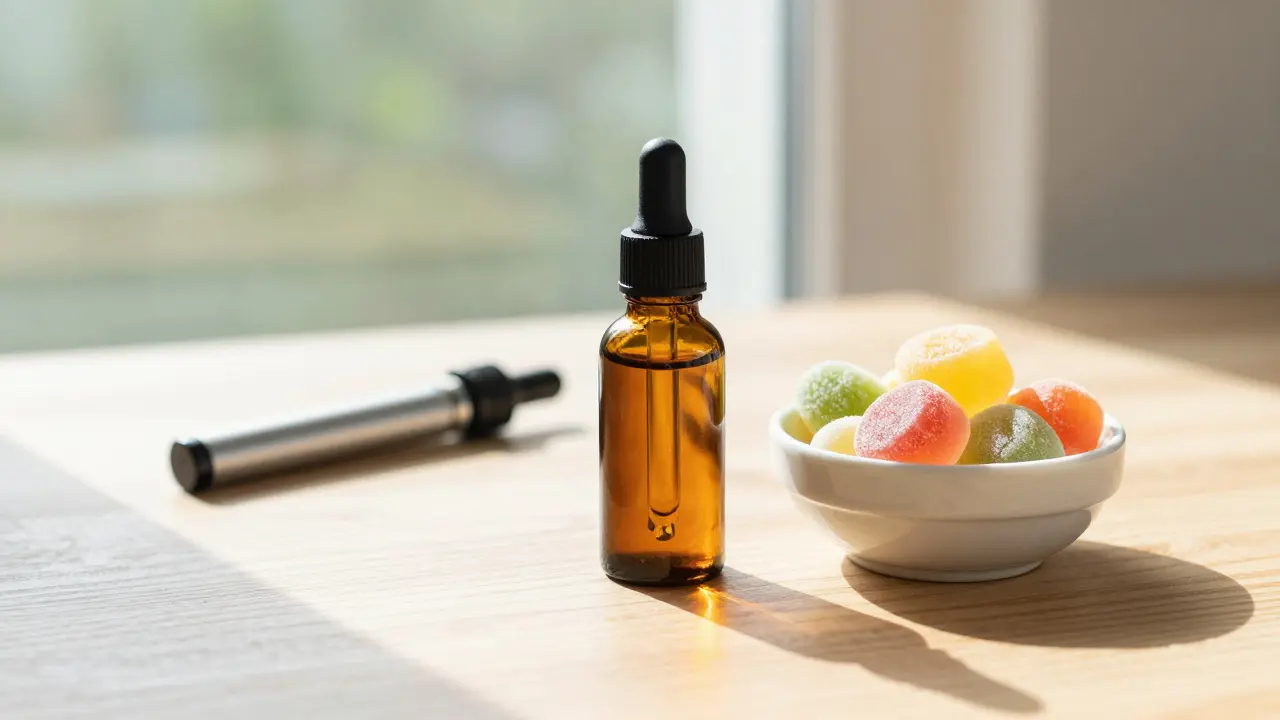CBD-Öl und Edibles auf einem Tisch als gesunde Alternative zum Vaping.