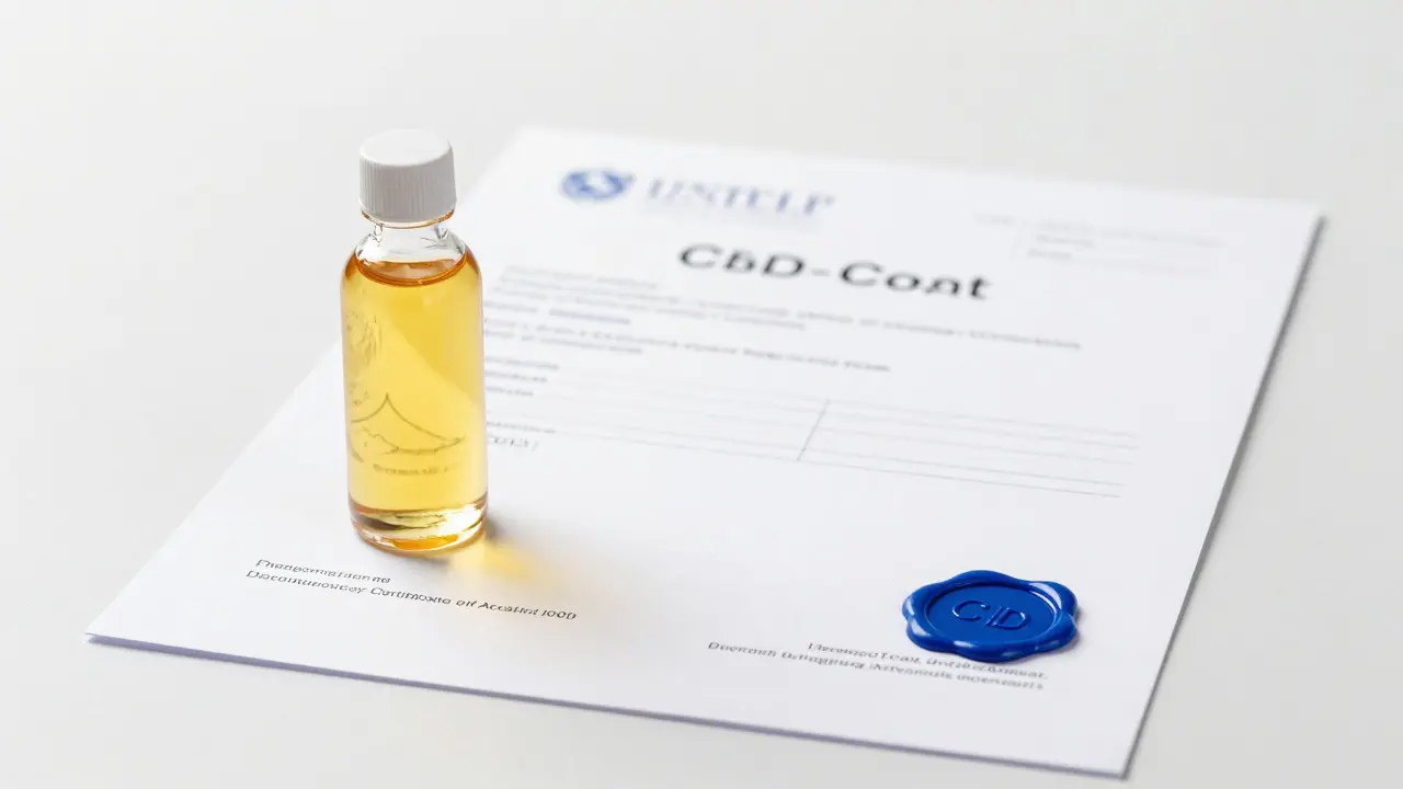 CBD-Ölflasche neben einem offiziellen Laborzertifikat auf weißem Hintergrund.
