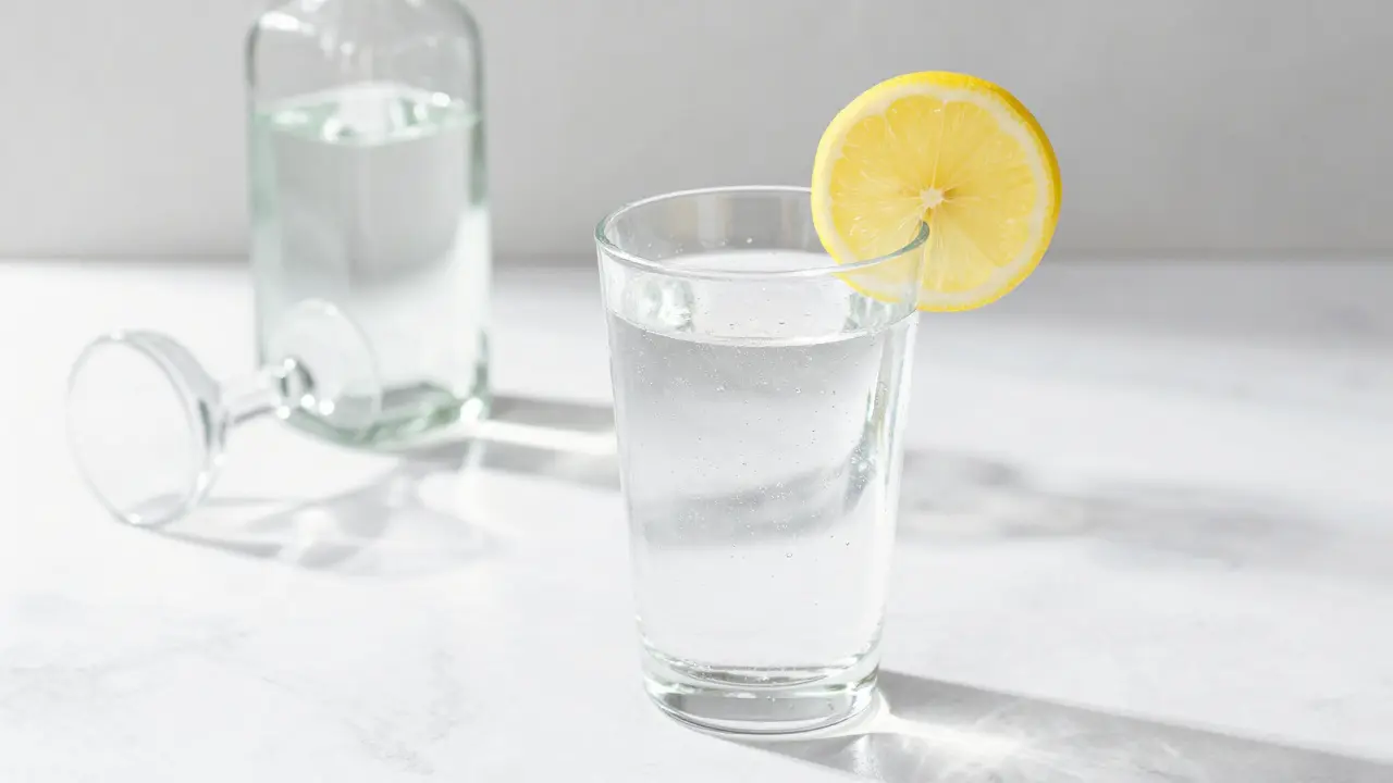 Ein Glas Wasser mit Zitrone als Symbol für Reinigung und Vorbereitung auf einen Test.