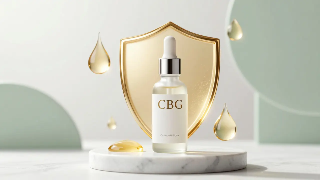 Ein luxuriöses CBG-Serum auf Marmor mit symbolischen Schutzschilden