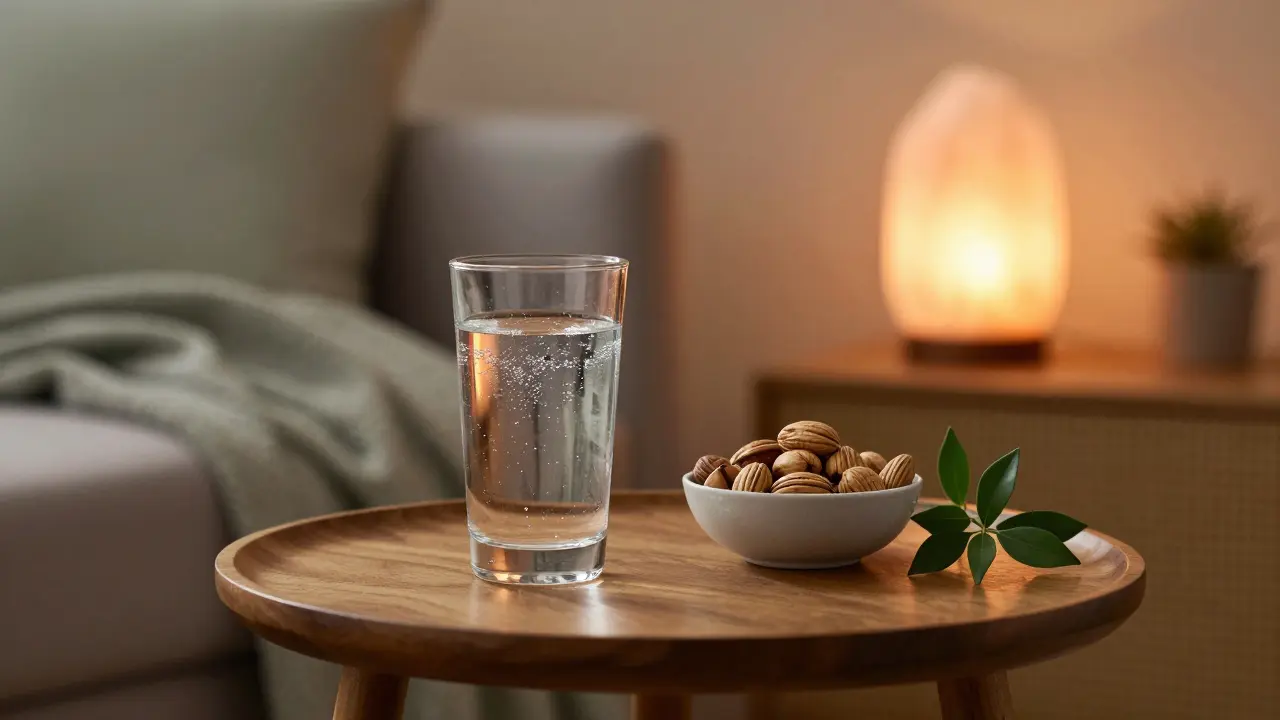 Ein ruhiges Arrangement mit Wasser und Nüssen in einem gemütlichen Zimmer.