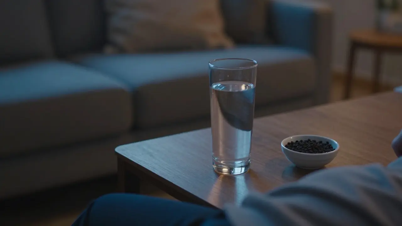 Eine beruhigende Wohnzimmerszene mit einem Glas Wasser und schwarzem Pfeffer zur Erholung.