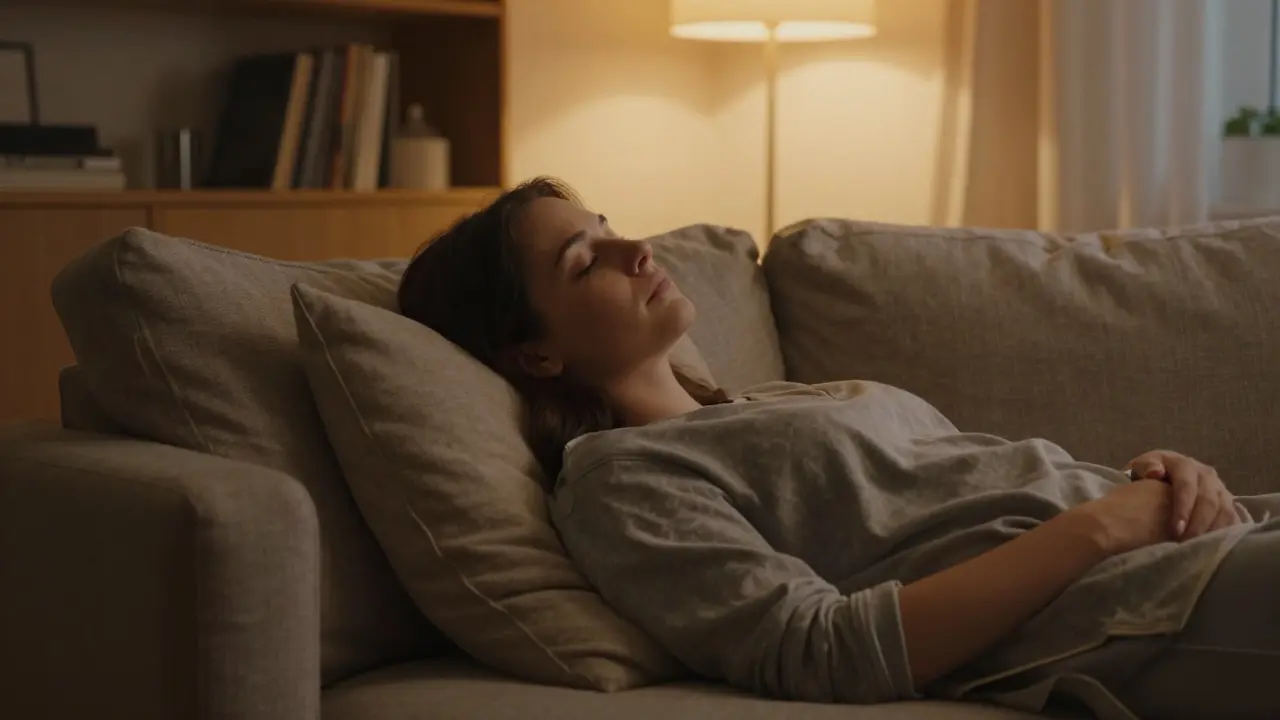 Eine entspannte Person auf einem Sofa in einem gemütlichen Wohnzimmer.